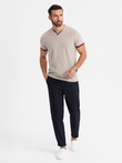 Tricou pentru bărbați cu inserții contrastante și decolteu în V - bej V2 OM-TSCT-0198