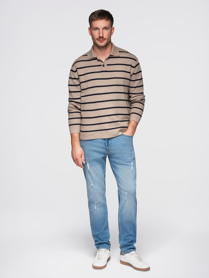 Vyriškos SLIM FIT džinsinės kelnės su trynimu - šviesiai mėlynos V1 OM-PADP-0255