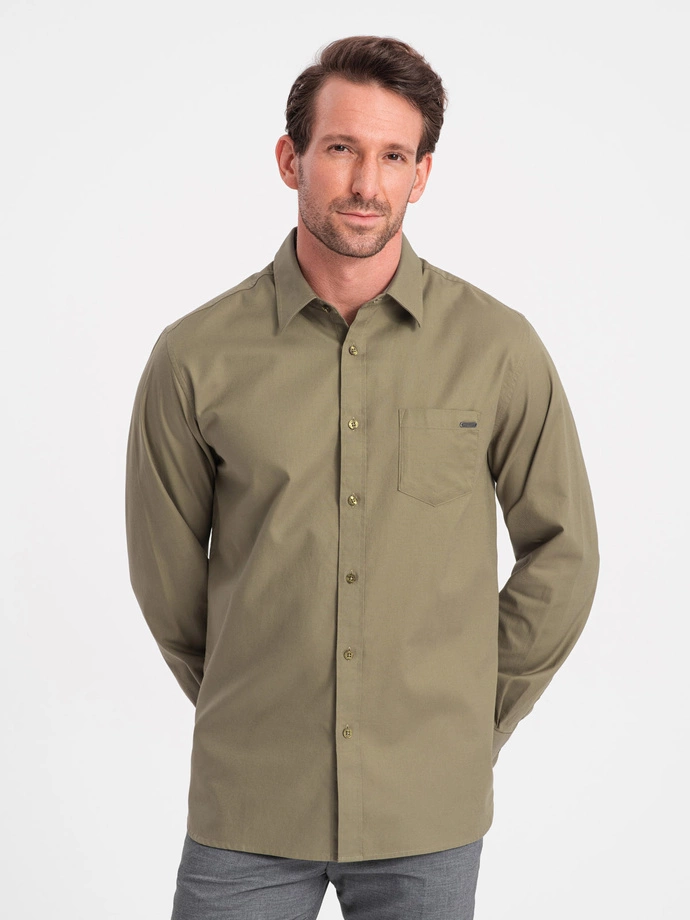 Men's cotton shirt with pocket REGULAR FIT - olive V2 OM-SHCS-0147