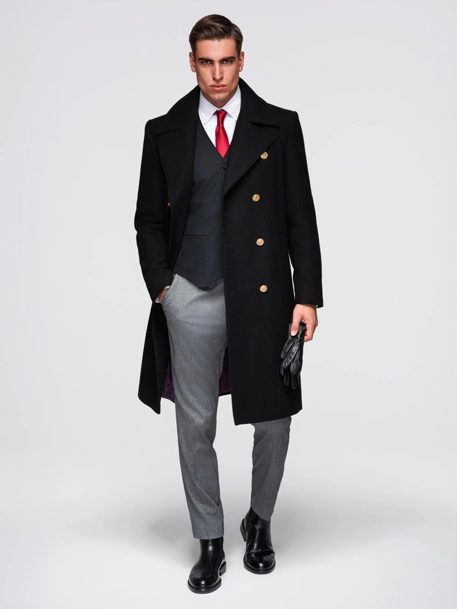 Men's insulated coat with hood and concealed zipper - black V1 OM-COWC-0110
