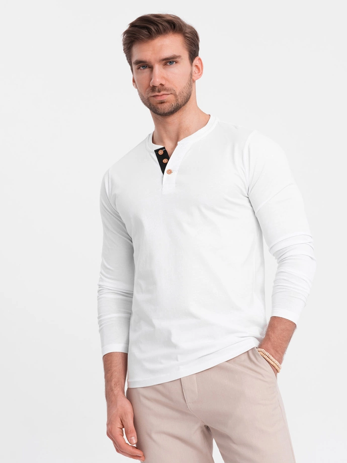 Men's longsleeve with buttons at the neckline - white V10 OM-LSCL-0107