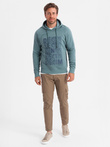 Men's non-stretch kangaroo sweatshirt with hood and print - turquoise V2 OM-SSPS-0158