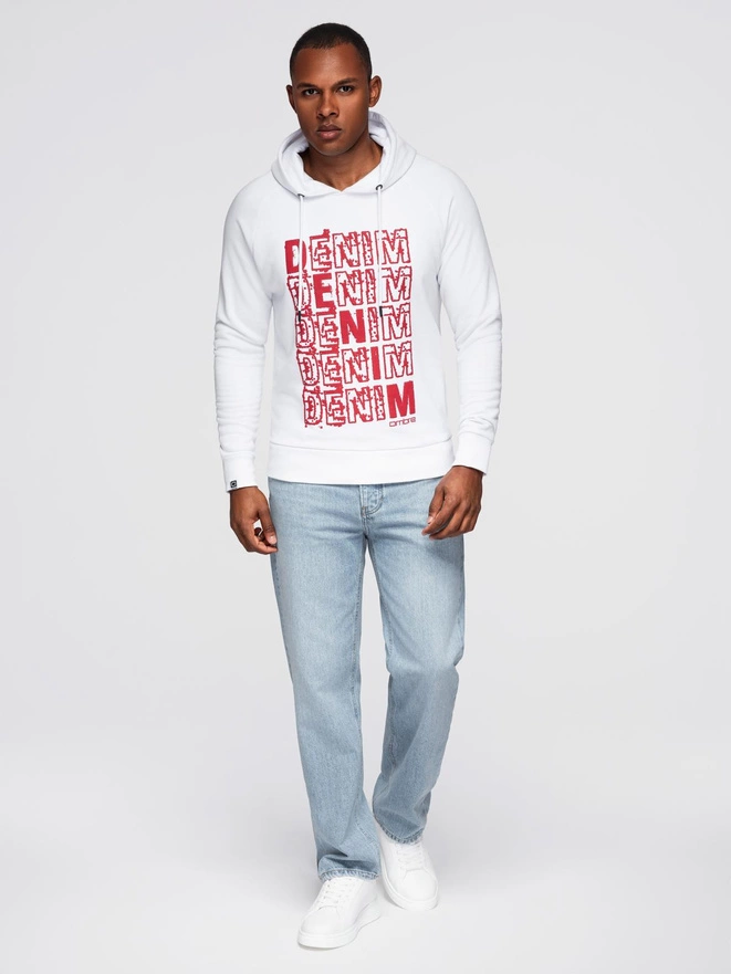 Men's non-stretch kangaroo sweatshirt with hood and print - white V3 OM-SSPS-0158