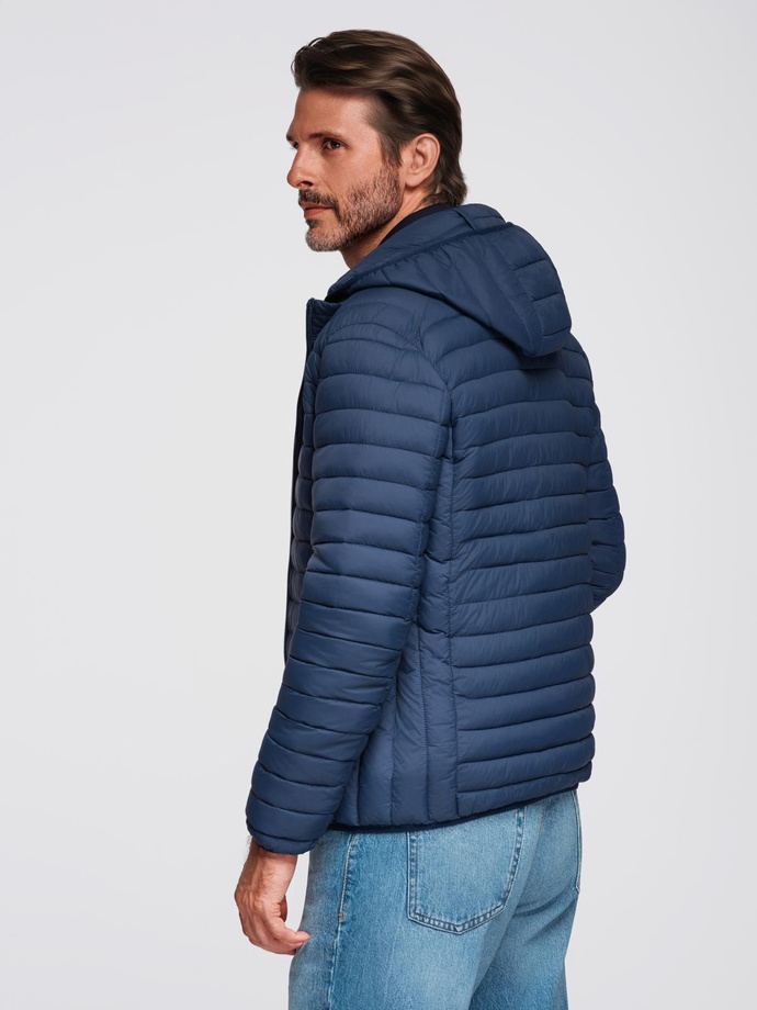 Classic men's quilted jacket with pouch option - navy blue V1 OM-JALP-0295