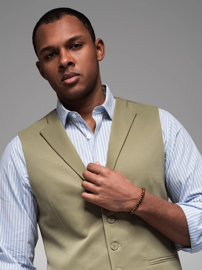 Fitted men's structured knit vest with lapels - olive V1 OM-BLZV-0144