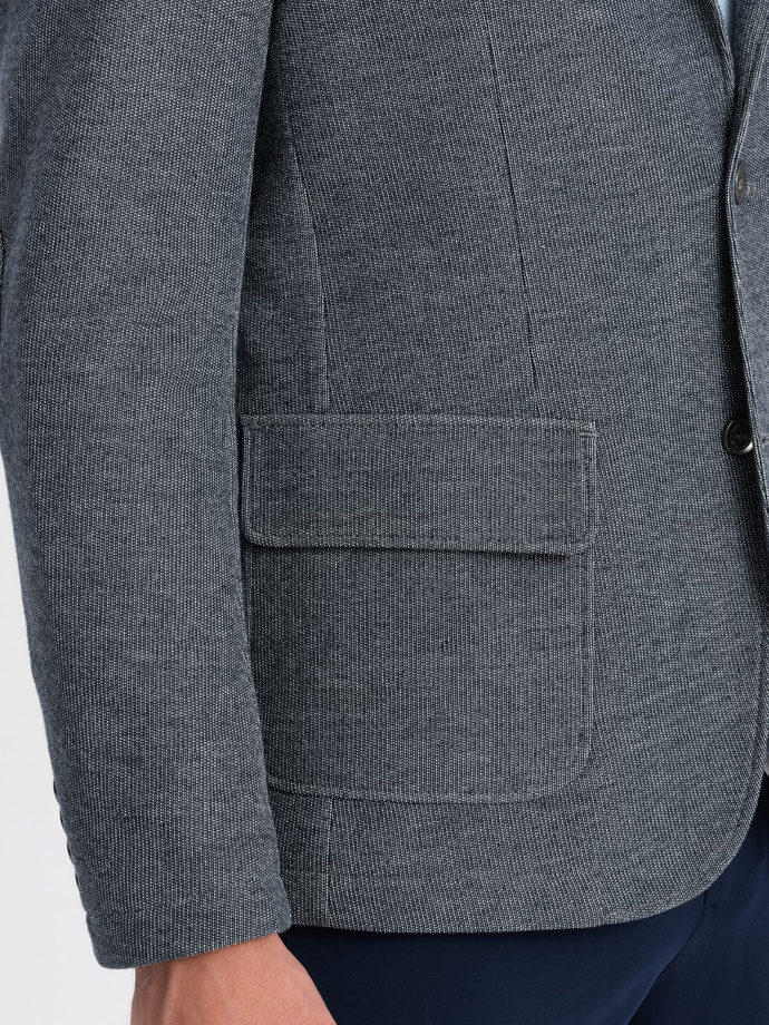 Vyriška striukė su lopais ant alkūnių - tamsiai mėlyna V2 OM-BLZB-0108