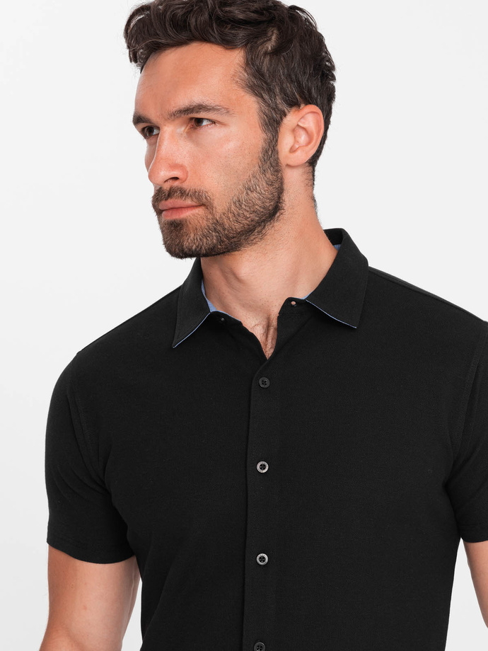 Men's knitted slim fit shirt with short sleeves and collar - black V4 OM-SHSS-0100
