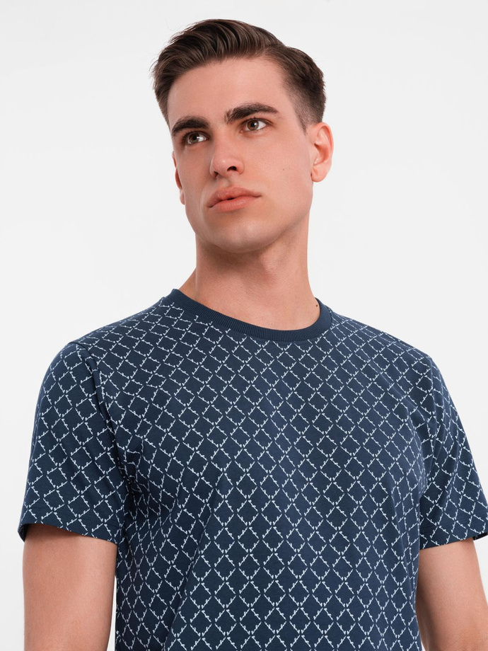 Men's full print knit shirt - navy blue V1 OM-TSFP-0250