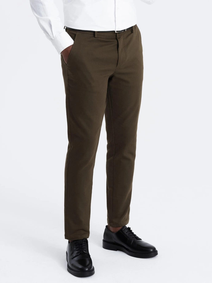 Pánske chino nohavice SLIM FIT s jemnou štruktúrou - tmavo olivovo zelené V4 OM-PACP-0190