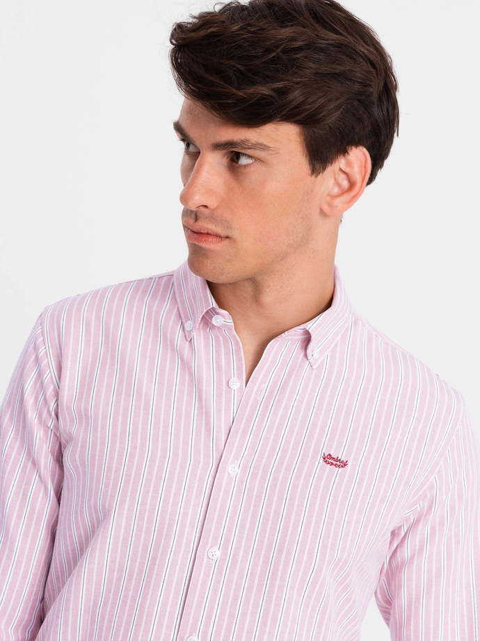 Men's cotton REGULAR FIT shirt with fine stripes - pink V2 OM-SHOS-0170
