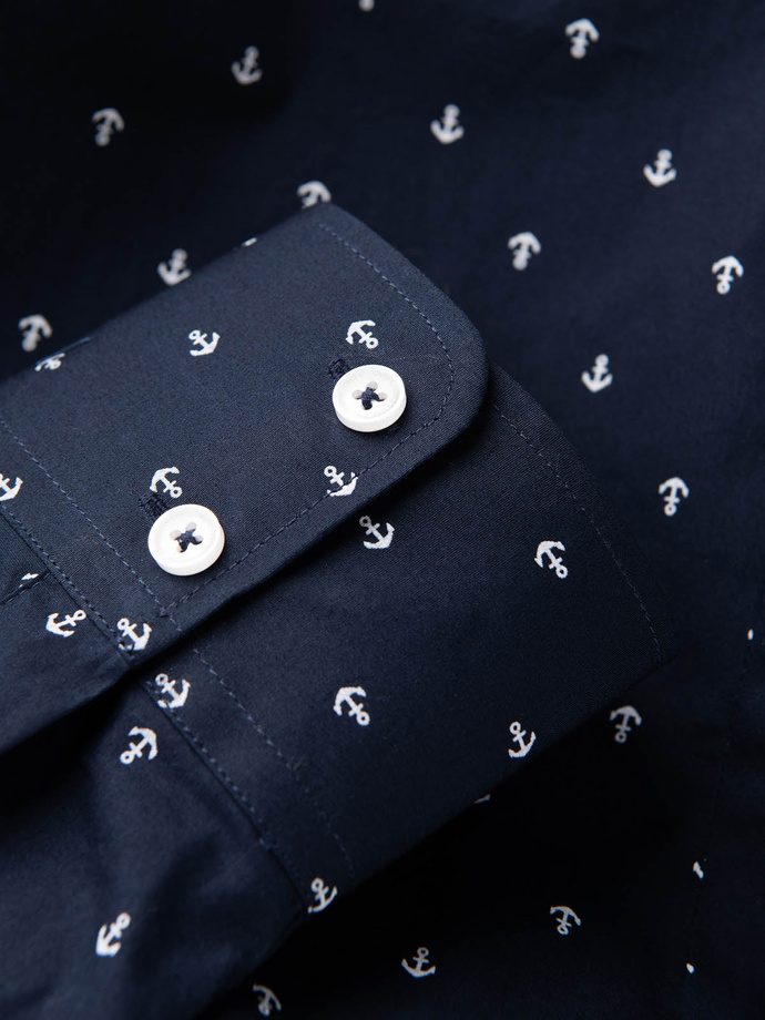 Vyriški klasikiniai medvilniniai SLIM FIT marškiniai su inkarais - tamsiai mėlyni V2 OM-SHCS-0156