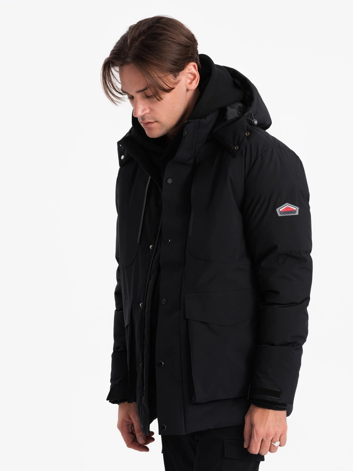 Men's winter jacket with detachable hood and cargo pockets - black V3 OM-JAHP-0152