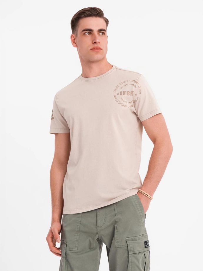 Men's military style printed cotton t-shirt - beige V1 OM-TSWT-0202