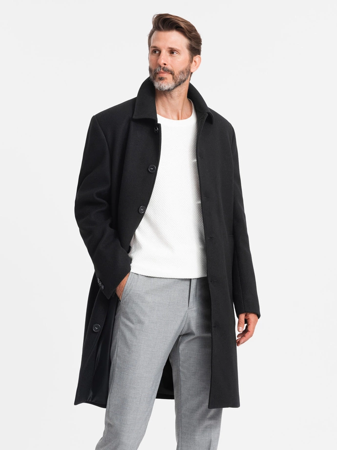 Men's long single-breasted coat with collar and undercoat - black V1 OM-COWC-0106