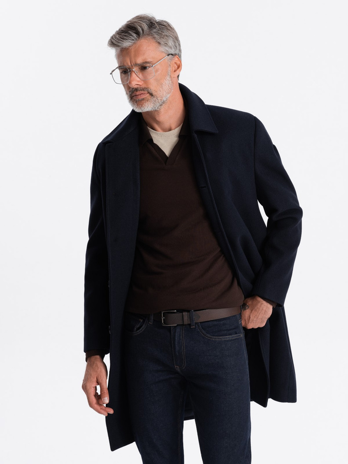 Men's long single-breasted coat with collar and undercoat - navy blue V3 OM-COWC-0106