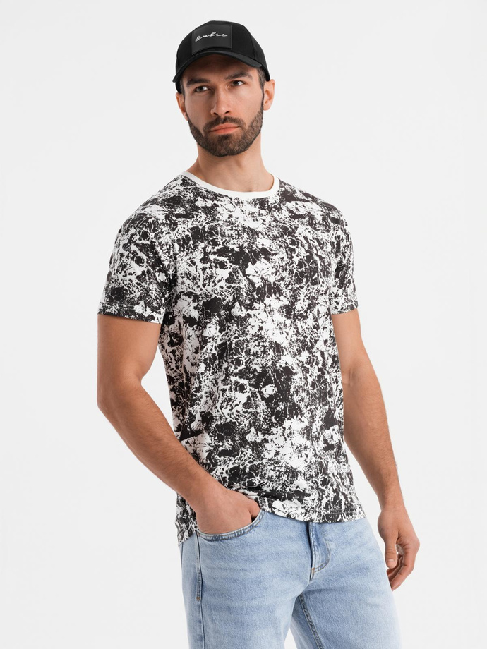 Tricou cu mânecă scurtă din bumbac cu model pentru bărbați - alb și negru V2 OM-TSFP-0223