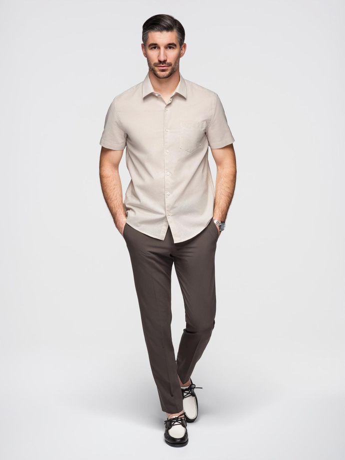 Men's short-sleeved linen-cotton shirt with pocket - beige V4 OM-SHSS-0167