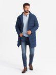 Men's long quilted jacket with lapels and lining - dark blue V1 OM-JALJ-0177