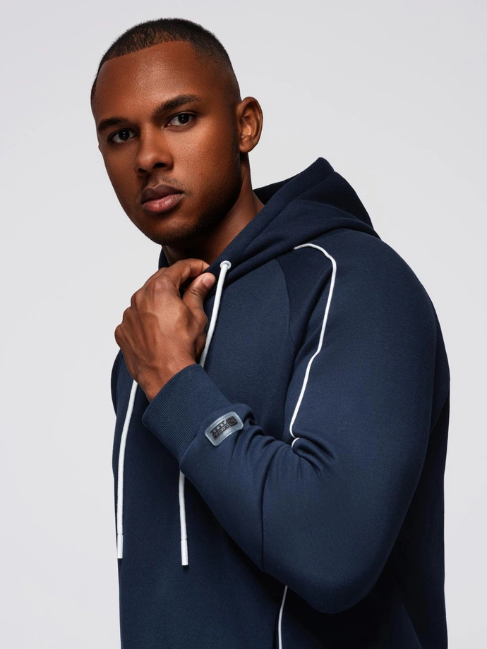 Men's sweatshirt with contrast stitching and hood - navy blue V2 OM-SSNZ-0250