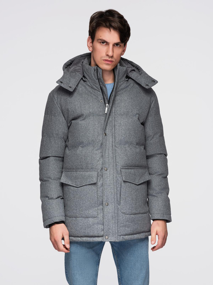 Warm long men's parka jacket with wool - grey melange V1 OM-JALJ-0217