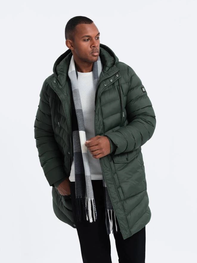 Men's winter quilted parka jacket - dark olive green V1 OM-JALJ-0100