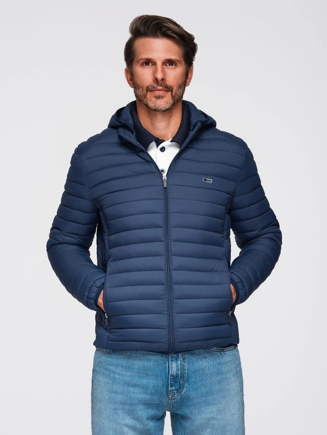 Classic men's quilted jacket with pouch option - navy blue V1 OM-JALP-0295