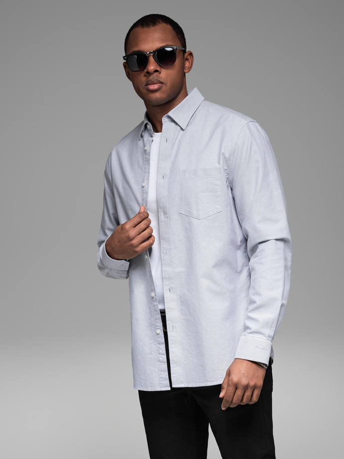 Cămașă oxford elegantă pentru bărbați cu broderie și buzunar - albastru V1 OM-SHOS-0173