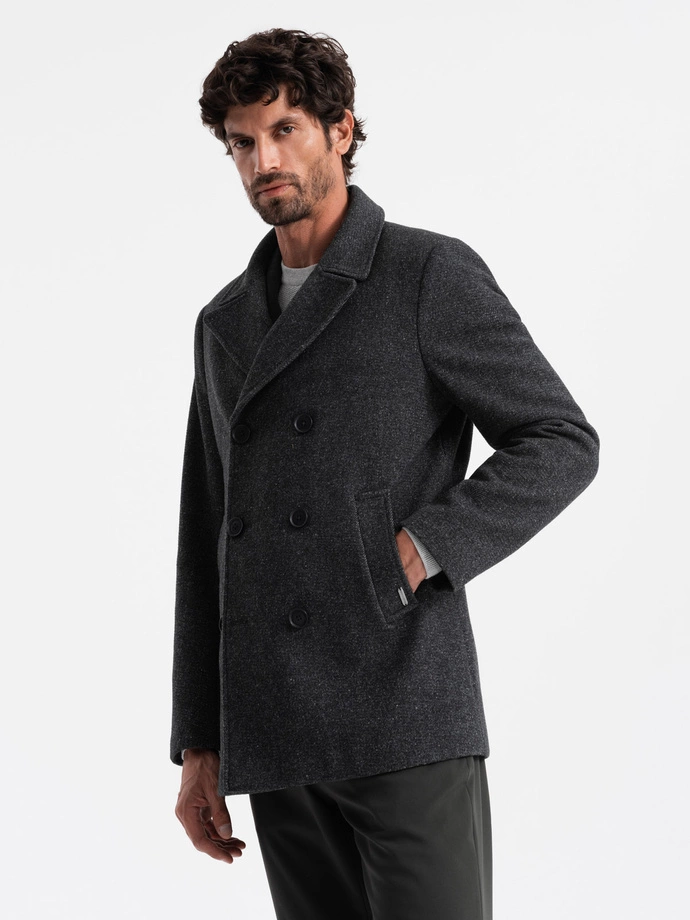 Men's short double-breasted wool coat - graphite V1 OM-COWC-0115