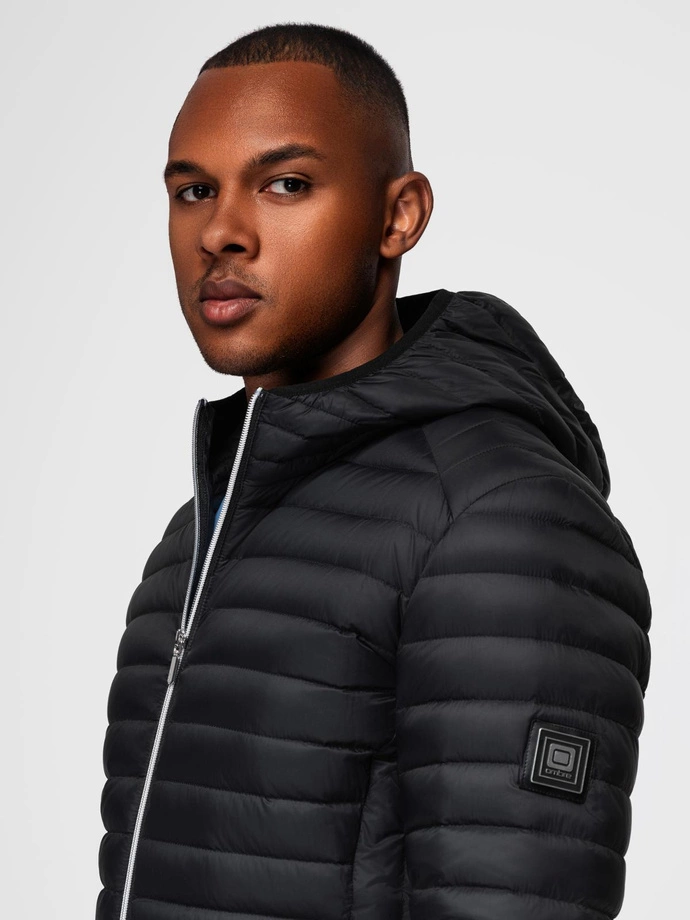 Vyriška itin lengva natūralių pūkų striukė su dėklu - juoda V1 OM-JALP-0211