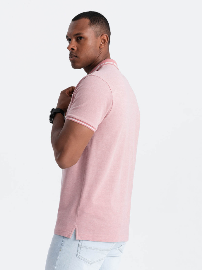 Melange men's polo shirt with striped collar - pink V2 OM-POSS-0109