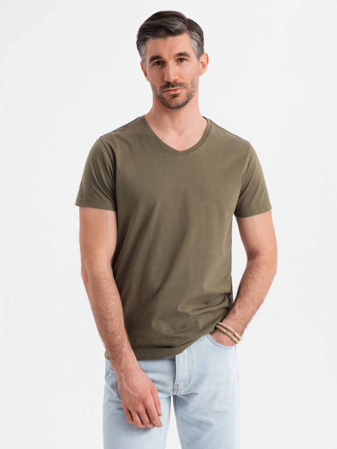 Bumbac clasic pentru bărbați BASIC tricou cu guler în V - maro V10 OM-TSBS-0145