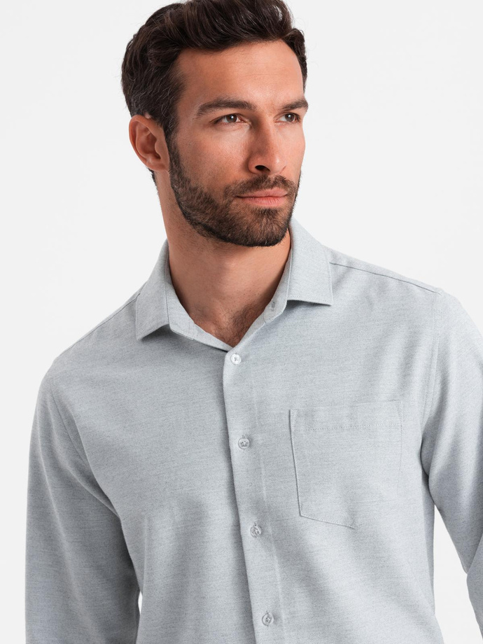 Vyriški REGULAR FIT marškiniai su kišenėmis - šviesiai pilki melanžiniai V2 OM-SHCS-0148