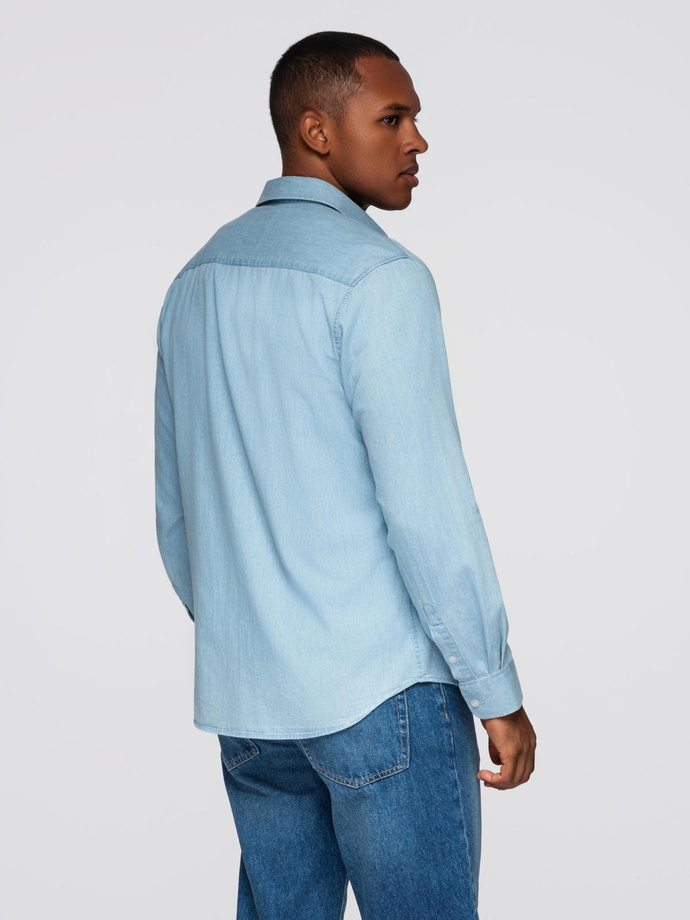 Men's denim shirt with embroidered pocket - light blue V1 OM-SHDS-0181