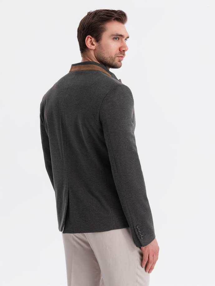 Men's melange rayon jacket with stand-up collar - black melange V5 OM-BLZB-0131