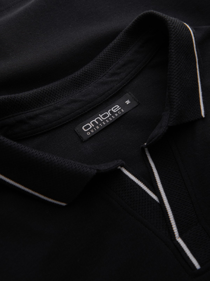 Tricou polo bărbătesc fără nasturi din tricot piqué - negru V2 OM-POSS-0110