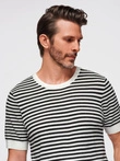 Men's knitted t-shirt with navy stripes and openwork weave - black and white V1 OM-TSCT-0255