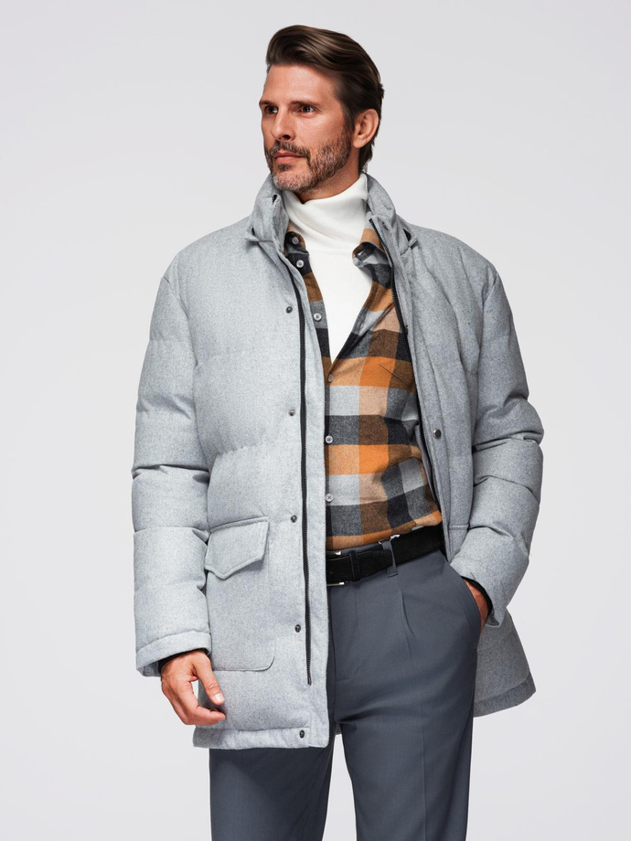 Warm men's long parka jacket with wool - light grey melange V3 OM-JALJ-0217