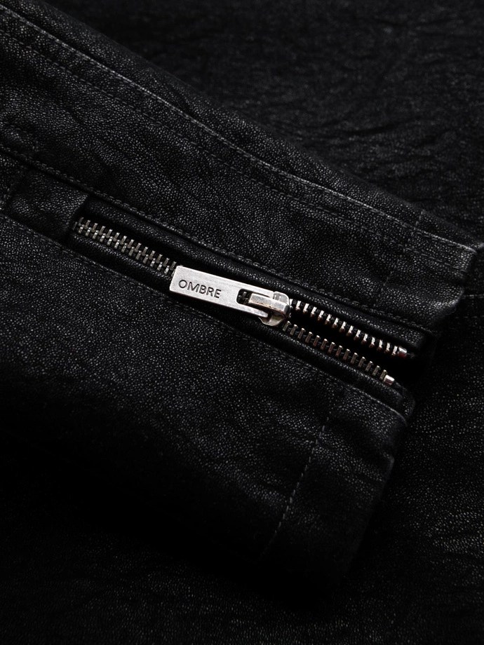 Stylish men's eco leather biker jacket with collar - black V2 C637