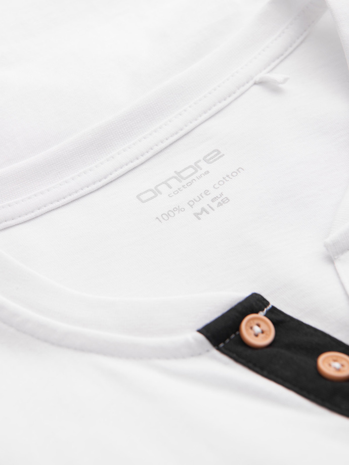 Pánské tričko s dlouhým rukávem a knoflíky u výstřihu - bílé V10 OM-LSCL-0107