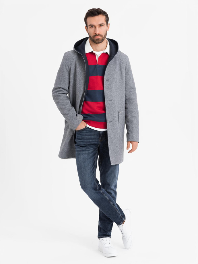 Men's melange long coat with hood - grey V1 OM-COWC-0122