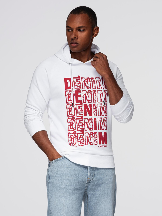 Men's non-stretch kangaroo sweatshirt with hood and print - white V3 OM-SSPS-0158