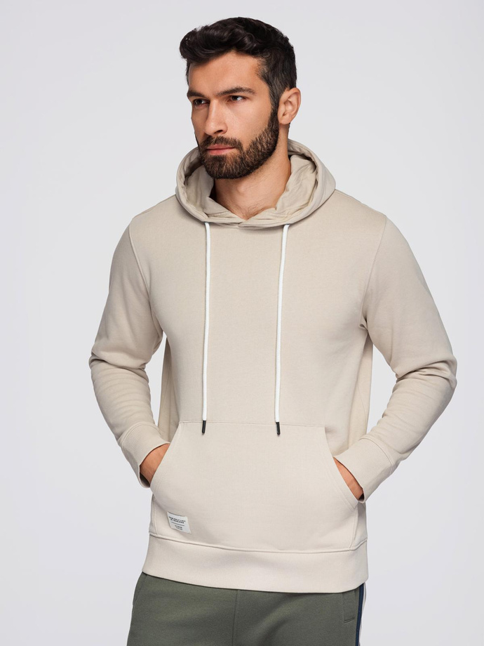 Men's kangaroo hooded sweatshirt - light beige V1 OM-SSBN-0177