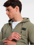 Unzipped men's sweatshirt with hood and patch - olive V4 OM-SSZP-0140