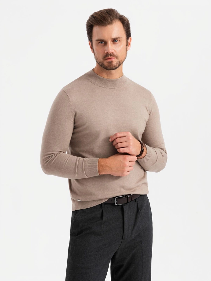 Men's knitted half turtleneck with viscose - dark beige V3 OM-SWTN-0125