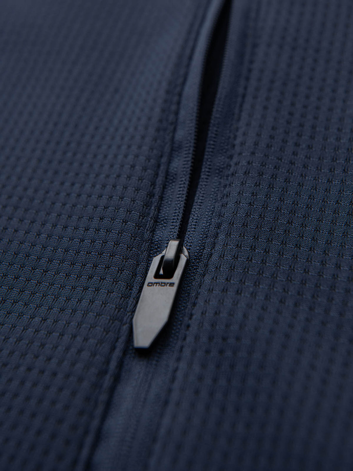 Men's lightweight jacket of combined materials with hood and decorative quilting - navy blue V4 OM-JANP-0160