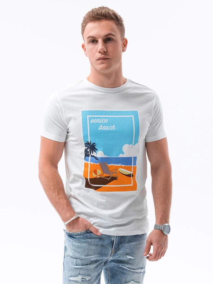 Tricou cu imprimeu pentru barbati V-3A- alb S1434