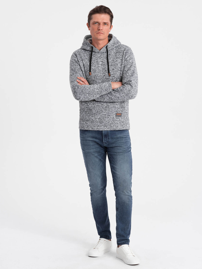 Men's non-stretch kangaroo hooded sweatshirt - grey melange V1 OM-SSNZ-0147