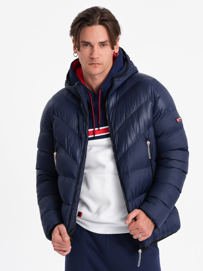 Jachetă de iarnă matlasată pentru bărbați din materiale combinate - albastru marin V2 OM-JAHP-0145