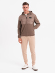 Men's lightweight jacket of combined materials with hood and decorative quilting - light brown V2 OM-JANP-0160