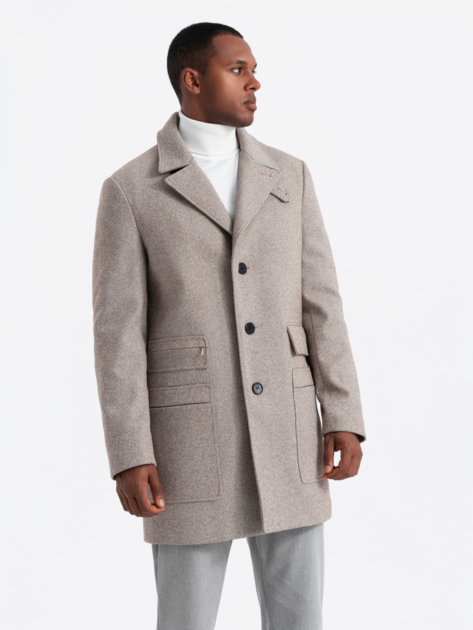 Single-breasted patterned men's coat with pockets - ash V1 OM-COWC-0108